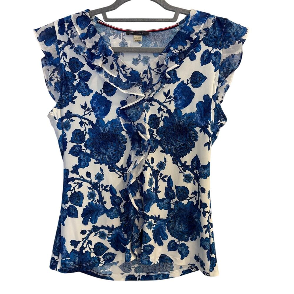Tommy Hilfiger Blue Floral Ruffle Blouse V-Neck Cap Sleeve Preppy Shell Medium